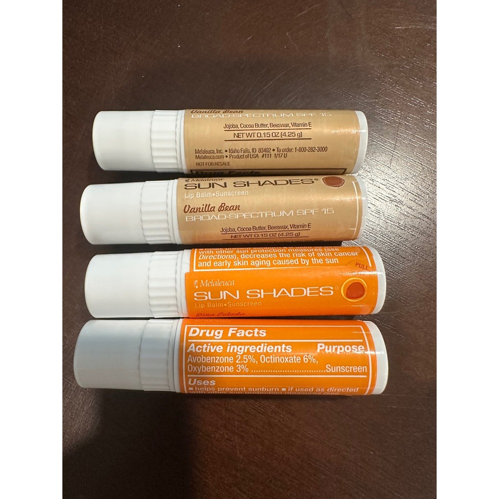 Melaleuca Sun Shades Lip Balm SPF 15 Vanilla Bean Pina Colada 4 Pack 0.15oz Each